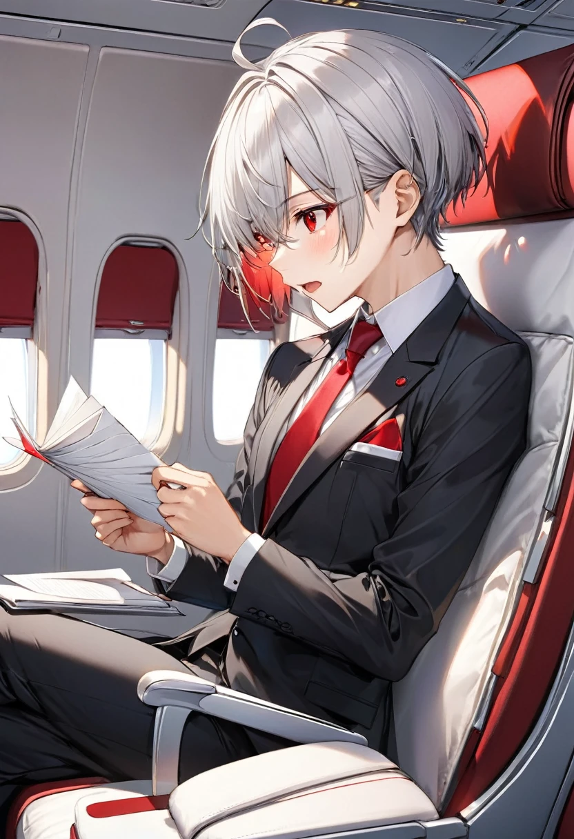 (profile, Reading a letter style), (hand holding a latter), (solo:2, 16 yo) (beautiful detailed crew cut silver hair very short hair) (best cool divine boy) (cool beautiful red eyes) (Surprised:1.3 face, Complaints mouth), in a butler suit, break, in the Airplane business class seats, sit down on seats, BREAK, perfect anatomy, masterpiece, best quality, 16k, beautiful detailed grow, daydreaming expression.