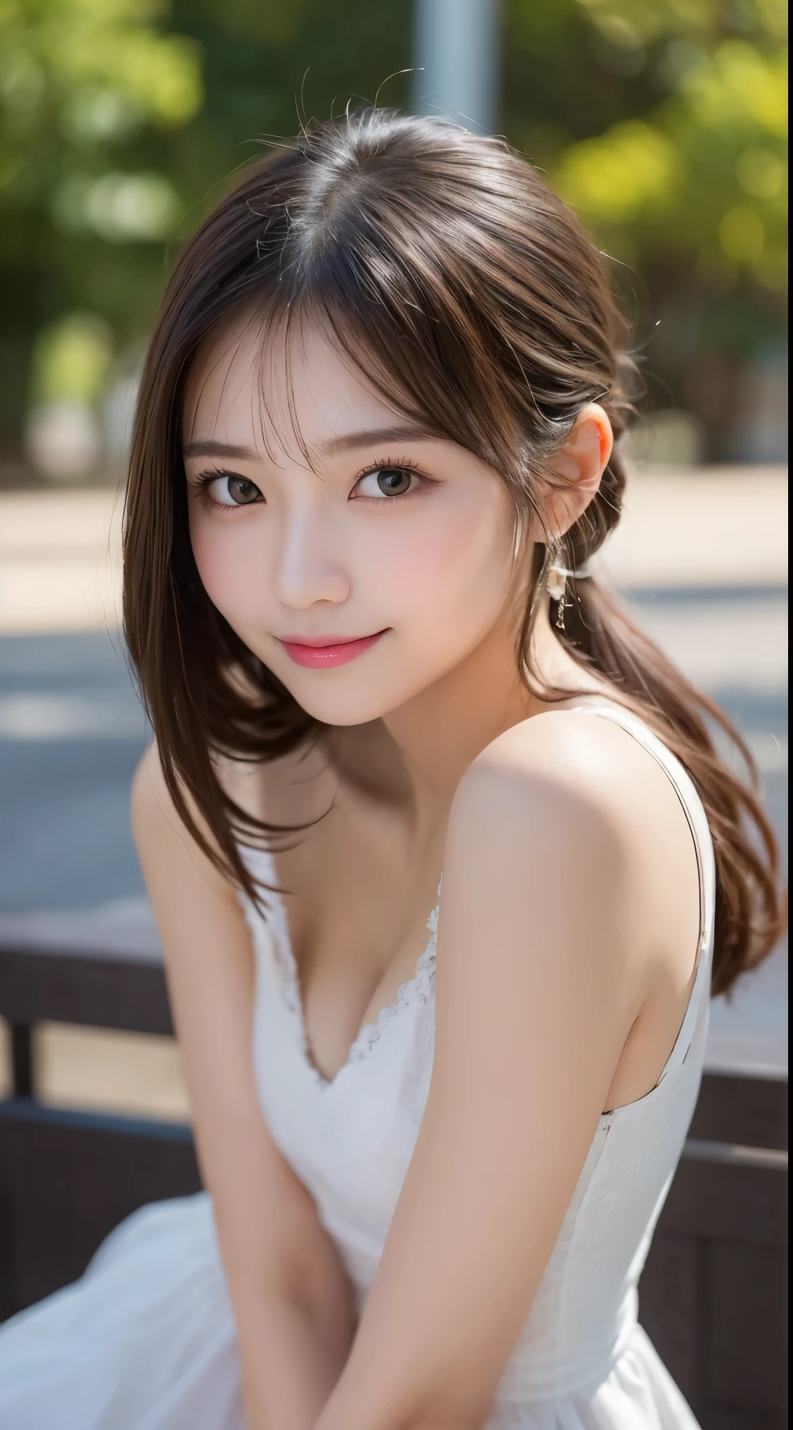 Tabletop, Highest quality, shape, Very detailed, finely, High resolution, 8k wallpaper, 完璧なダイナミックな構shape, Beautiful and detailed, Straight hair, Small , Natural color lip, Random sexy po,smile,20-year-old girl、Midnight、美しくDetailed face、Perfect and beautiful face,Big eyes、RAW Photos、Expressing feminine poses with the whole body、Beautiful and detailed、Small face、Beautiful Duplex、Slim face and figure,Beautiful golden ratio face,Twin ponytail,Bright expression,Shooting with a focus on beautiful legs、 (Get closer to the face, Make your face bigger, Face Focus:1.0), break, (masterpiece, Highest quality, Very detailed, Detailed face, 8k)、Actual Photos、Perfect and beautiful face、Blur the background、smile