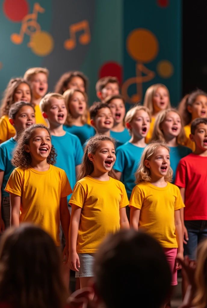 cheerful children in bright T-shirts sing in chorus. a large choir on stage