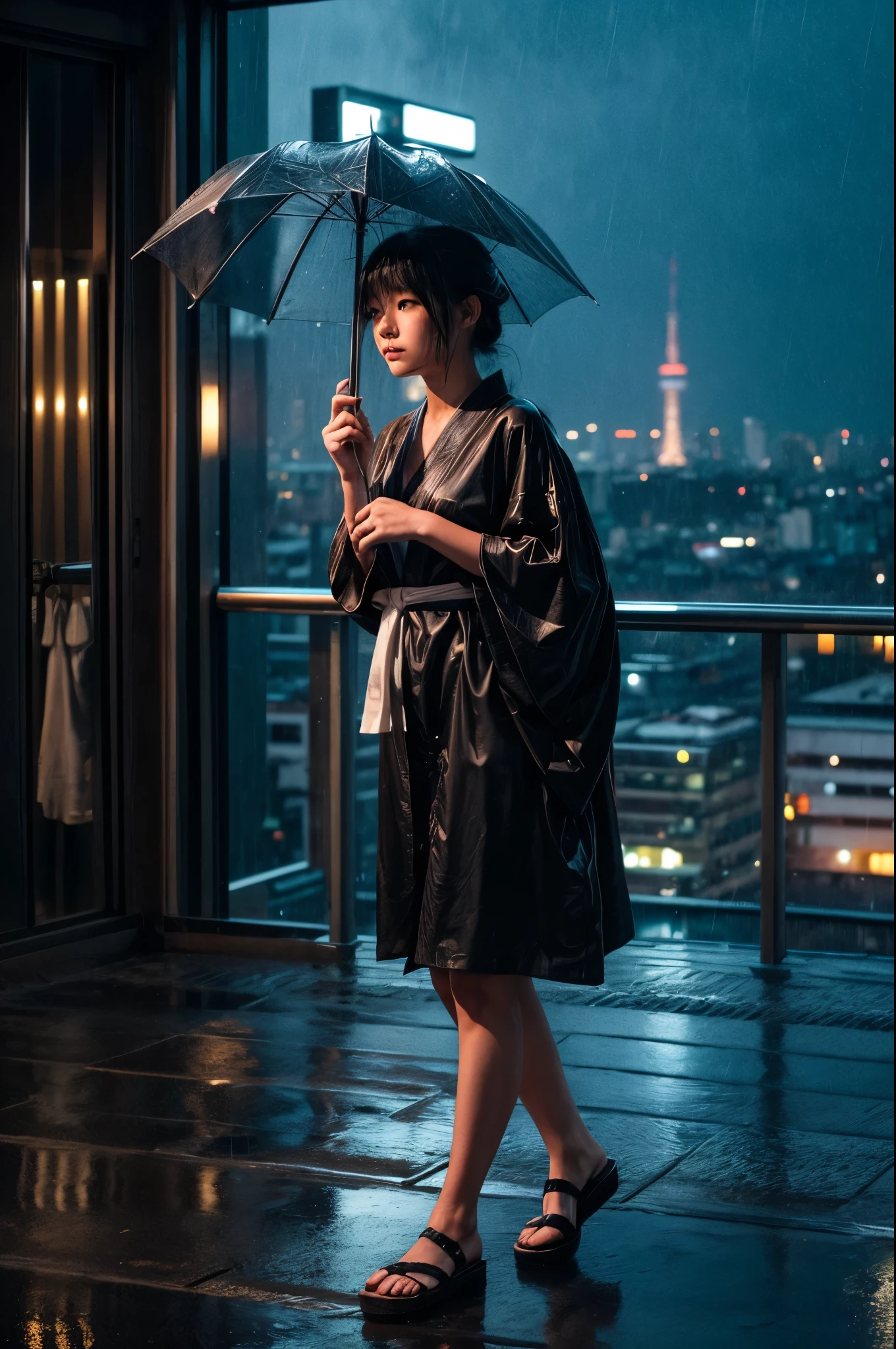 A cinematic scene capturing an 18-year-old Japanese girl with semi-long platinum white hair walking across the rooftop of a high-rise building in Tokyo on a rainy night. The rain pours heavily, drenching her traditional sky-blue yukata adorned with delicate white rabbit prints, which clings to her figure, adding a sense of vulnerability. Her hair, soaked and sticking to her face, contrasts starkly with the dark, stormy sky. She strides confidently, her sandals clacking softly against the wet rooftop tiles, with the city lights glowing faintly through the heavy rain in the background. The rooftop, slick with rainwater, reflects the vibrant yet subdued neon lights of the distant cityscape. The scene captures a moment of introspection as she pauses, looking out over the edge, her eyes filled with a mix of melancholy and determination. The atmosphere is thick with the sound of rain and the distant hum of the city below, creating a mysterious and hauntingly beautiful contrast between the ancient elegance of her attire and the modern urban jungle that surrounds her. The image is stylized to mimic a machine-made street photograph, with a 120mm film effect that emphasizes dynamic, harsh lighting and realistic chiaroscuro, adding a layer of depth and texture to the scene
