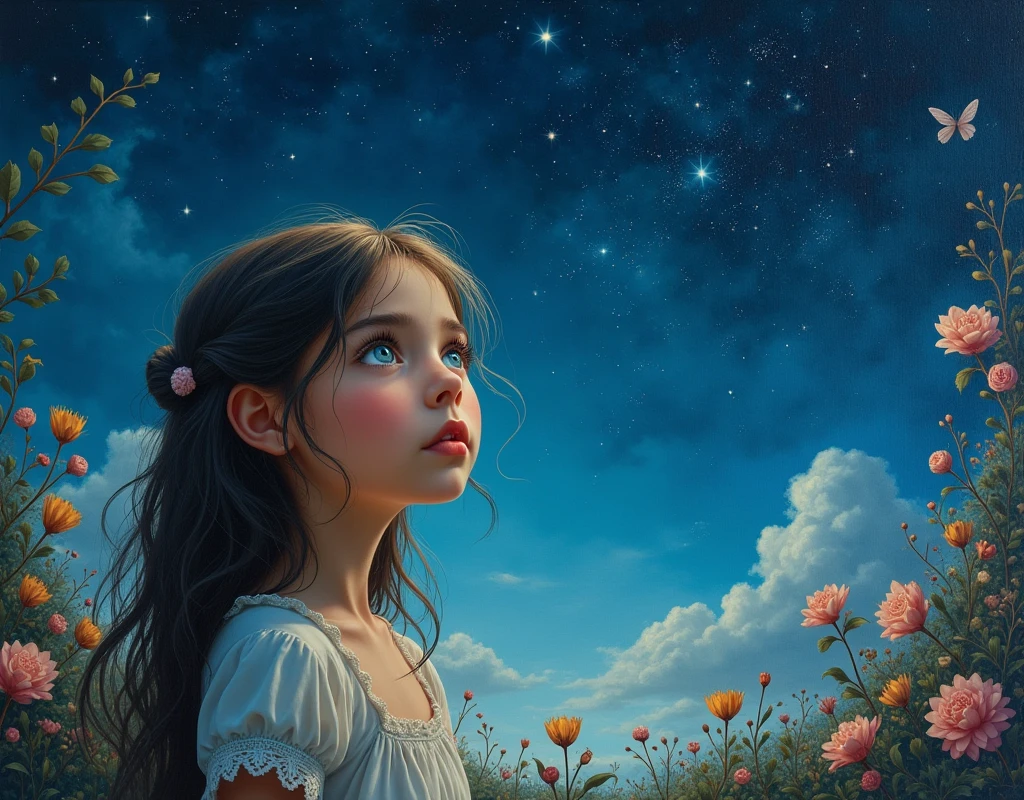 A starry night sky, a young girl gazing up in wonder, a charming illustrated storybook landscape, oil painting, muted colors, soft lighting, detailed texture, intricate brushstrokes, dreamlike atmosphere, whimsical, enchanting, magical realism, cinematic composition, chiaroscuro lighting, vibrant colors, detailed foliage, fairytale-inspired, storybook style, beautiful detailed eyes, beautiful detailed lips, extremely detailed eyes and face, long eyelashes, (best quality,4k,8k,highres,masterpiece:1.2),ultra-detailed,(realistic,photorealistic,photo-realistic:1.37),HDR,UHD,studio lighting,ultra-fine painting,sharp focus,physically-based rendering,extreme detail description,professional,vivid colors,bokeh