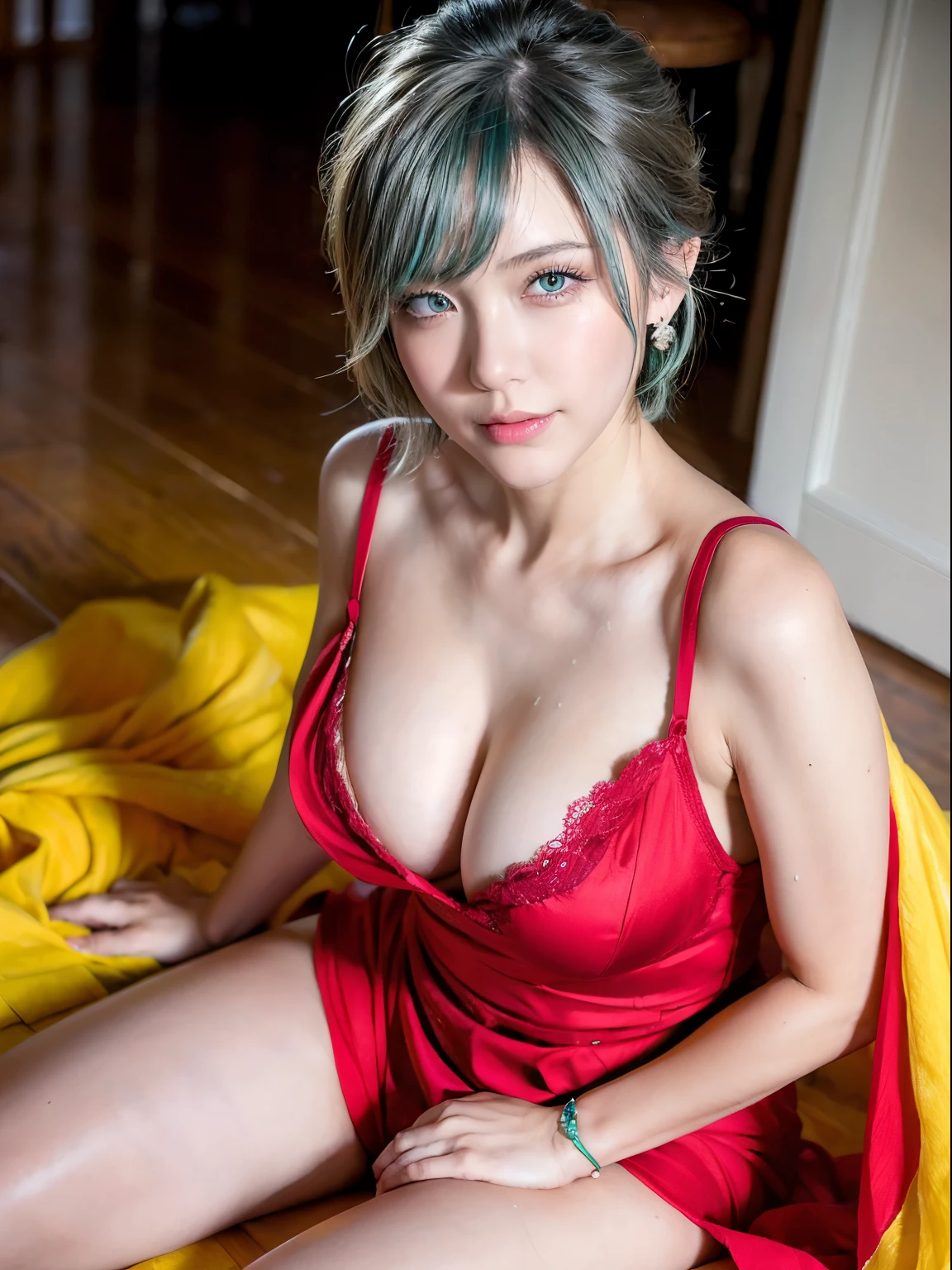 (masterpiece, best quality:1.4), (full body:1.5), (sitting at floor:1.5), 1girl, solo, looking at viewer, sexy smile, (european youth:1), dragon ball, blmshort, (aqua hair:1.3), very short hair, earrings, jewelry, red dress, (red dress:1), medium breasts, yellow scarf, (yellow scarf:1.2), short dress, sleeveless, medium breasts, solo, beautiful face, highly detailed face, highly detailed skin, highly detailed eyes, skin pores, subsurface scattering, realistic pupils, medium breast, full face blush, full lips, detailed background, depth of field, volumetric lighting, sharp focus, absurdres, realistic proportions, good anatomy, (realistic, hyperrealistic:1.4), 16k , nswf, ,  no bra, realistic hands,, nude, show vagina hairly, wide open legs, super wet , show nipples in medium breasts, shadow +10.0, exposure +1.5, soft lighting body.