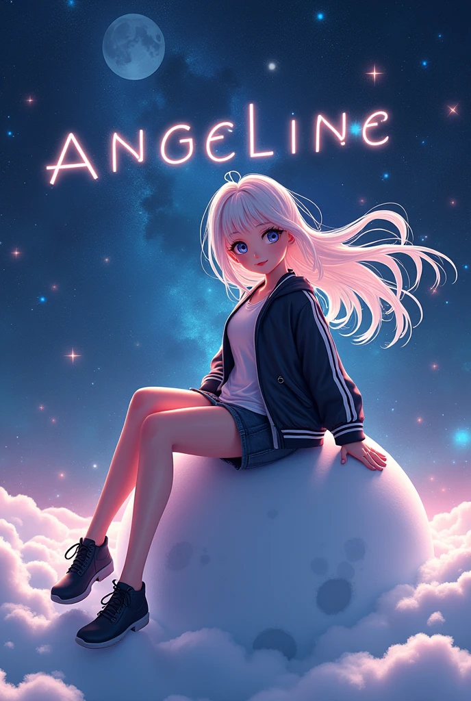 "Create a 3D illustration of an animated beautiful girl sitting casually on top of the "MOON". The character must wear a black and white Jacket. The background of the character is Galaxy with text "ANGELINE"