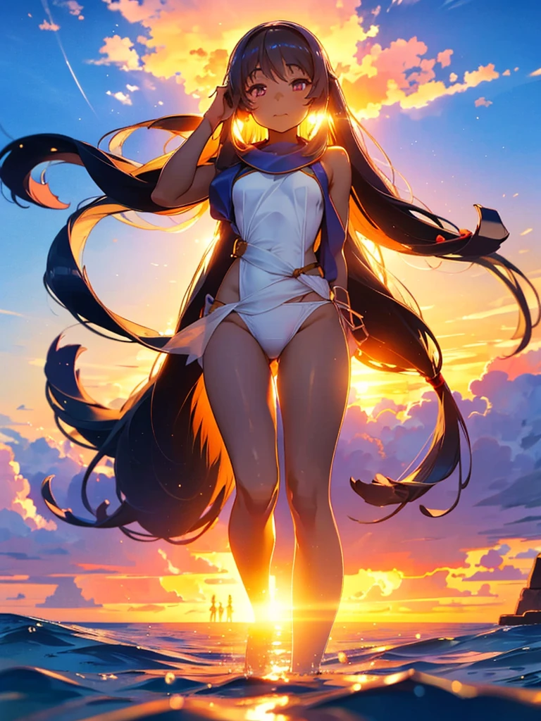 Skyline, sunset, Silhouette against a cloud background, meditation. Watching the beautiful sunset, sunset時に, sunset時, sunsetとともに, In the sunset, Nice views, Sunset view, With the sunset, sunset時に, During Golden Hour,Wearing a white swimsuit