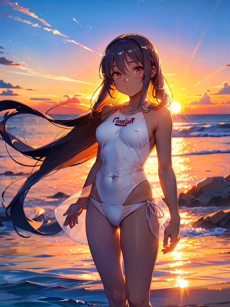 Skyline, sunset, Silhouette against a cloud background, meditation. Watching the beautiful sunset, sunset時に, sunset時, sunsetとともに, In the sunset, Nice views, Sunset view, With the sunset, sunset時に, During Golden Hour,Wearing a white swimsuit