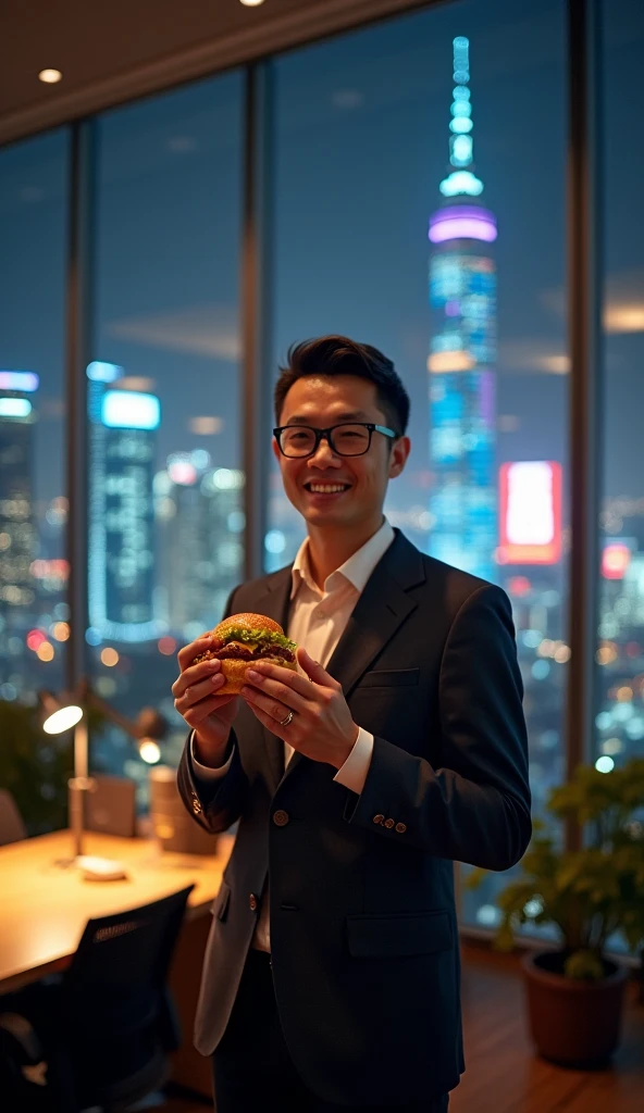 Chinese working man holding a KFC hamburger,Smiling at the camera,Office scene at night,There is a clear KFC sign outside the floor-to-ceiling glass window