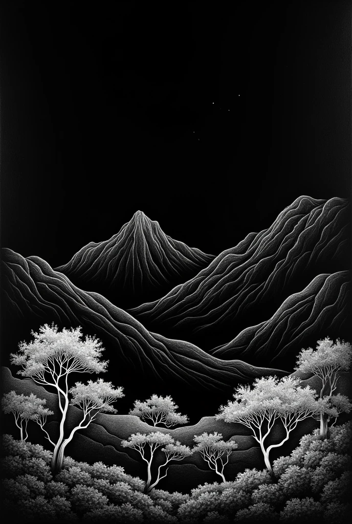 Clear black image with a lines of white landscape