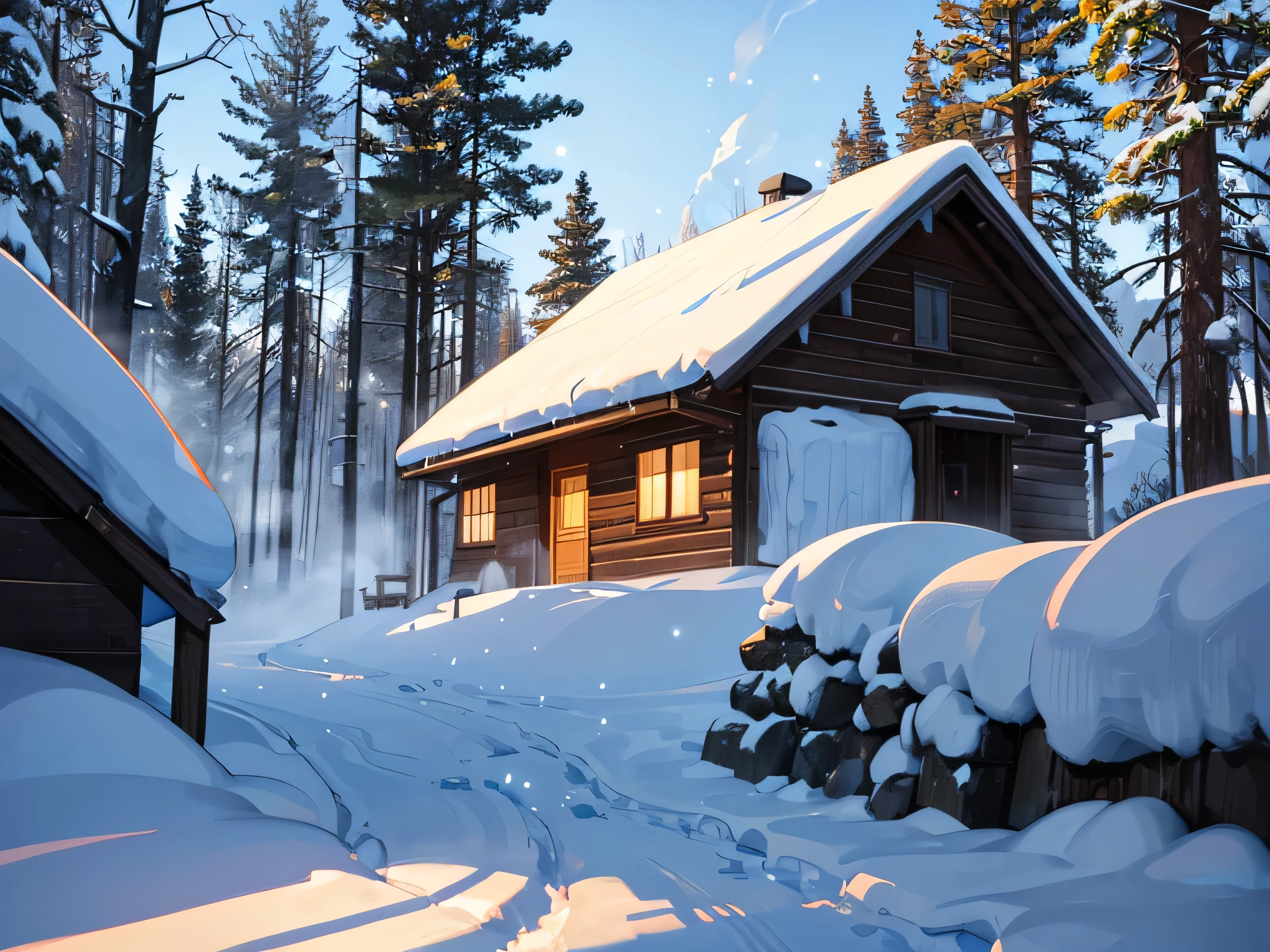Heavy snow is flying，End of the forest path，There is a hut with a fire burning in the fireplace