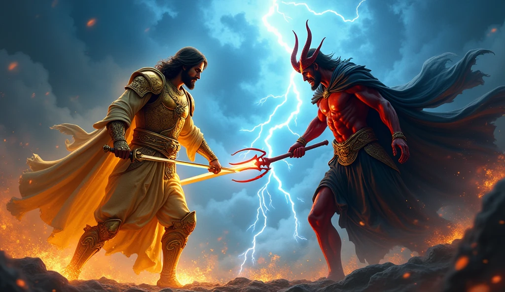Vivid photo of Jesus wearing golden armor and a sharp sword, fighting with Satan wearing a black cloak, a red trident, Satan with a red body, with sharp horns, blue lightning bolts Sky appears in the sky, excellent image quality, intricate details, 8k resolution
