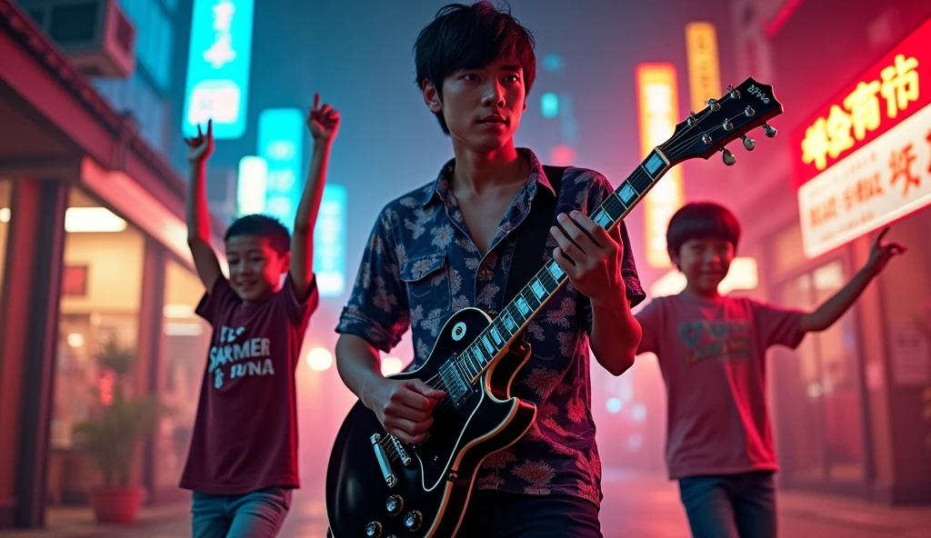 Rock Guitarist's Father、Two boys dancing、Ukiyo-e style、Black Les Paul、Cyberpunk Style、force、Father looking at the camera、My father has black hair、summer、Only two children、A close father and son、My father has short hair、Japanese、Father looking at the cameraでギターを弾いている、Let's make the kids a little older