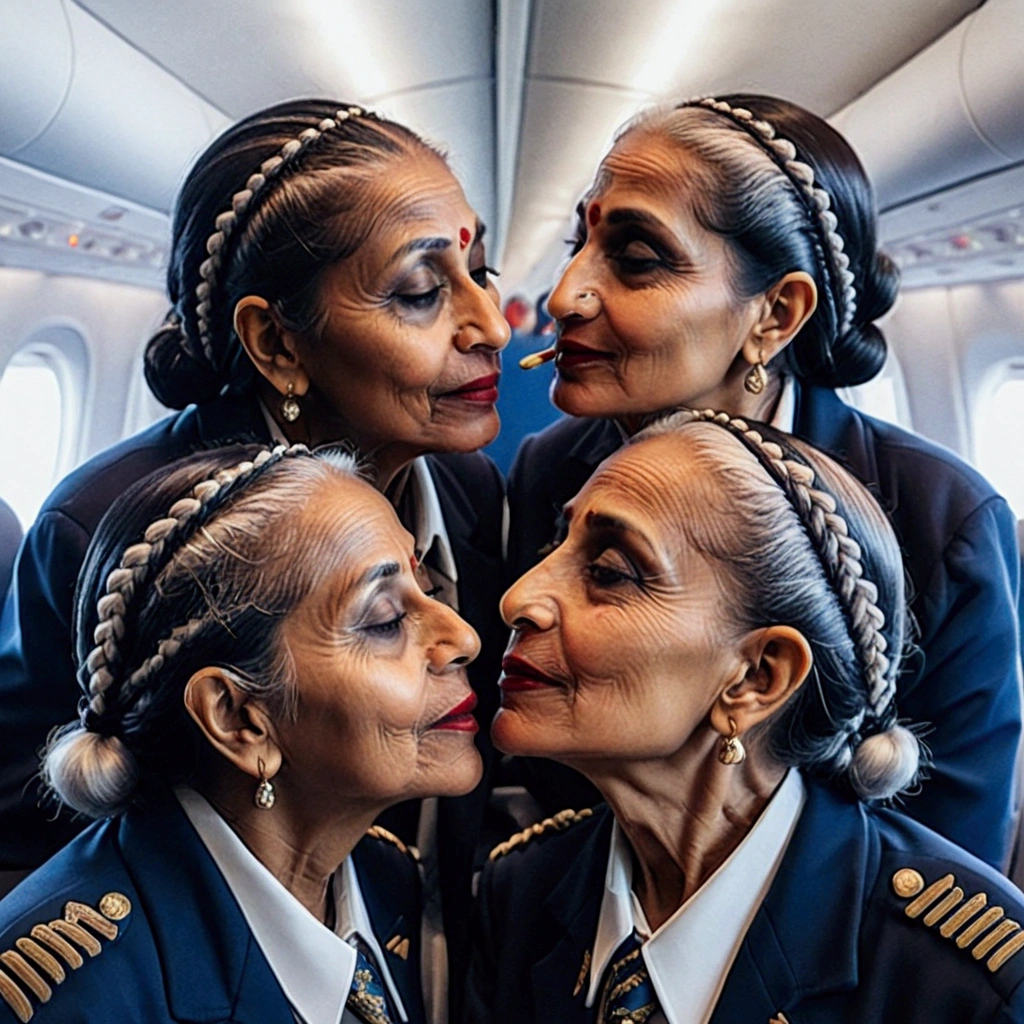  aged aged eldery aged eldery indian four ladies kissing in the flight, Ultra detailing image prompt,Generate by using all the ladies features,figures and detailes,exactly and stictly as per the image prompt