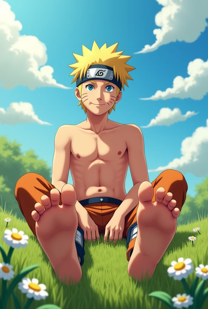 Realistic HD animated image of Naruto Uzumaki barefoot showing the soles of his feet from below close to the camera Sitting on the grass smiling with his shirt off Realistic details of the soles of his feet 5 toes on each foot Showing off six pack Showing off the sole of the foot Showing off perfect feet

