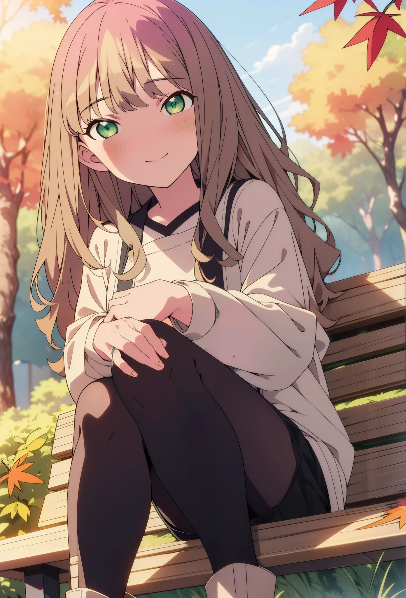 minami yume ,sss Dynazenon ,Long Hair,hair band, Brown Hair, smile,blush,(Green Eyes:1.5) ,Blue v-neck sweater,Shorts,Black pantyhose,short boots,Walking,whole bodyがイラストに入るように,autumn leaves,autumn leavesが散っている,autumn leavesが積もっている,Sitting on a bench,
break looking at viewer, whole body,  
break outdoors, garden,
break (masterpiece:1.2), Highest quality, High resolution, unity 8k wallpaper, (shape:0.8), (Beautiful and beautiful eyes:1.6), Highly detailed face, Perfect lighting, Extremely detailed CG, (Perfect hands, Perfect Anatomy),