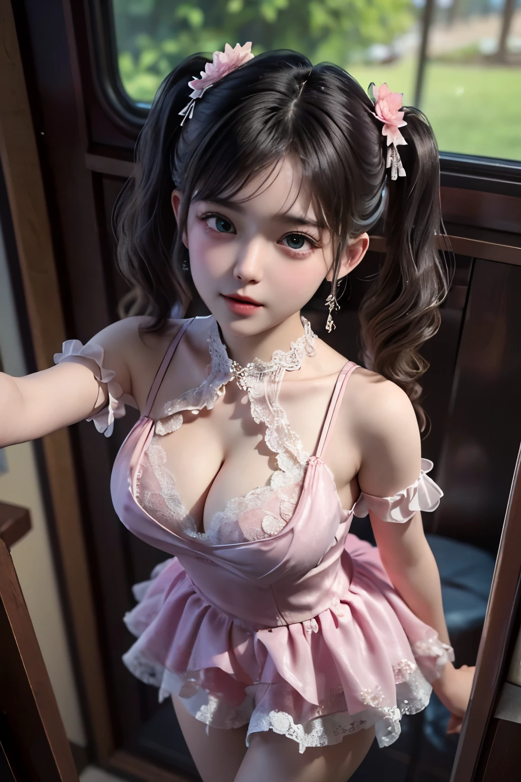 A girl, cute 10 yearl old, maturbate, big breast, sexy, short dress, detail bra , position look up camera, lace wet  flower, twin tail, open V-chested clothes Thin silk lace dress , (huge ，cleavage),, white pink and gren，best qualtiy，tmasterpiece，Ultra-high resolution，（Reality：1.4），RAW photogr，（True skin texture：1.3），（filmgrain：1.3），（Selfie angle），1个Giant Breast Girl，Beautiful eye and face details，tmasterpiece，Best quality at best，，The chest more exposed， detailed brapurple and green