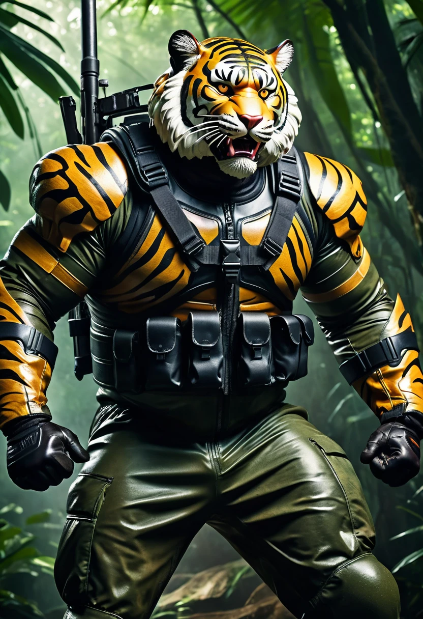 (a dark-skinned fat muscular old man in a bulky army camouflage zipper diver suit) carrying a rifle, (wearing realistic roaring tiger mask), dynamic action pose, fierce expression, showcasing an imposing stature, surrounded by military elements, dramatic shadows and intense highlights, cinematic color tones, high detail, powerful, art influenced by Bruce Onobrakpeya and Stanley Artgerm, ultra-detailed, best quality image, action-packed atmosphere. fighting stance. jungle background
