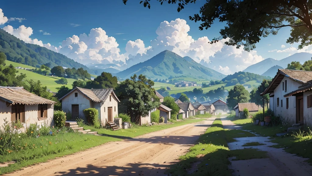 A small rural village with unpaved roads and small mud houses. Surrounding the houses are trees and open fields. The scene is peaceful, capturing the simplicity of village life.