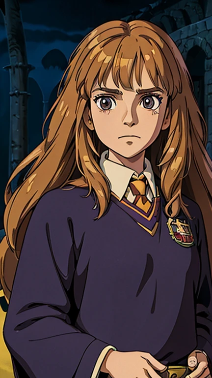 (1girl, Hermione Granger), (extremely detailed CG unit 8k wallpaper),(master part), (best quality), (ultra detail), (best illustration),(ghibli style), cowboy shot, (Sharp eyeliner, ombre, detail eyes:1), Hogwarts, outdoors background, ,break , (GHIBLI_Background), upper body,