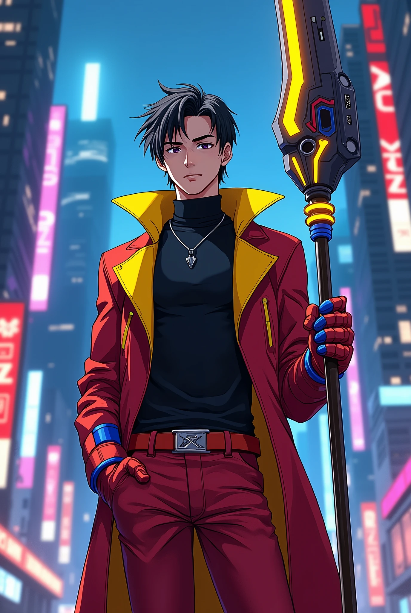 Artstyle: Anime, Futuristic

Looks: Young Man, Lean Body, Black Hair (Slicked back Hairstyle), Black Hair

Clothes: Futuristic, Turtleneck Black T-shirt, Red Longcoat (with yellow accents), Red leather pants (with yellow accents), Cybernetic Red Gauntlets (with blue accents), belt.

Accessories:  Cybernetic Giant Red Spear-like Staff (Giant Tip)(with yellow and blue accents)

Full body picture