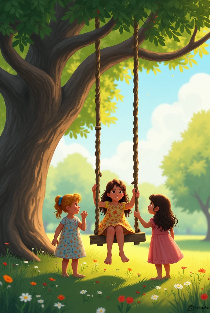 generate me an image about the paragraph below, i need you to generate an image just like in story books. the size is 720 × 932 (portrait)
One afternoon, as Daisy sat alone on a wooden swing in the village park, lost in her thoughts, her three friends approached her. Lily, always the most outspoken of the group, decided it was time to talk to Daisy about why she never came to church with them.