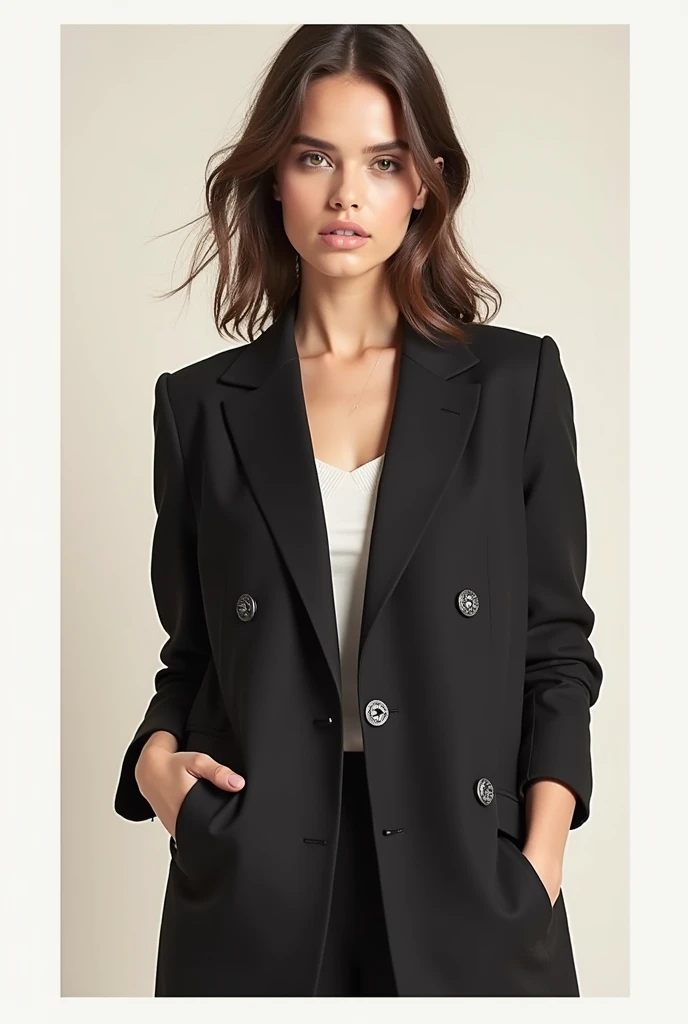 Create a fashion poster featuring a women's blazer as the main product, with the brand name 'Leather Goods' prominently displayed in the image. The poster should exude elegance and sophistication, appealing to young women with a refined and trendy sense of style. Use a minimalist design with a clean background, focusing on the blazer's details and quality. The typography should be sleek and modern, and the placement of 'N'Lin' should be tasteful yet noticeable, reinforcing the brand's identity within the high-fashion market.