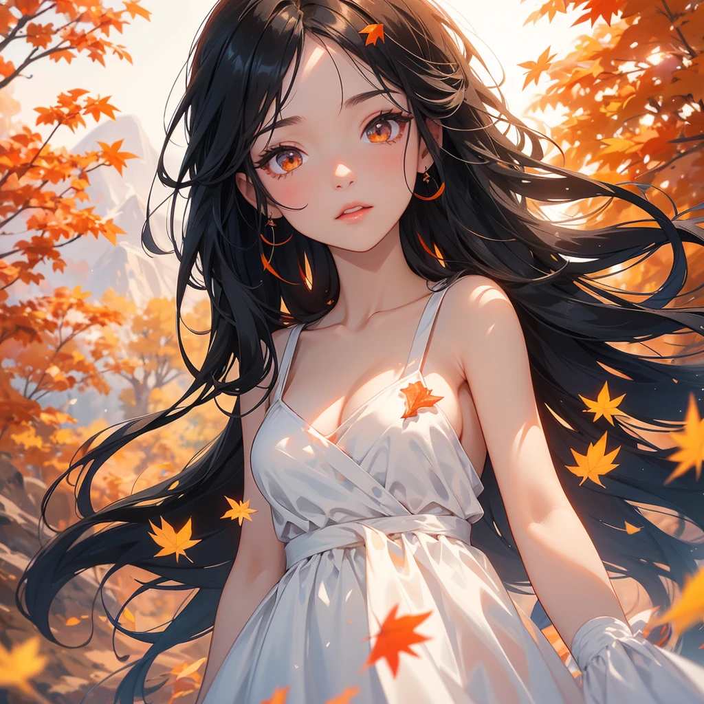 A beautiful girl with long black hair, wear white dress, Walking in a mountain that turns orange-red in spring, with the sun shining on her face, close up.

The backdrop is a mountain that turns orange-red in spring, and maple leaves fall from the trees.