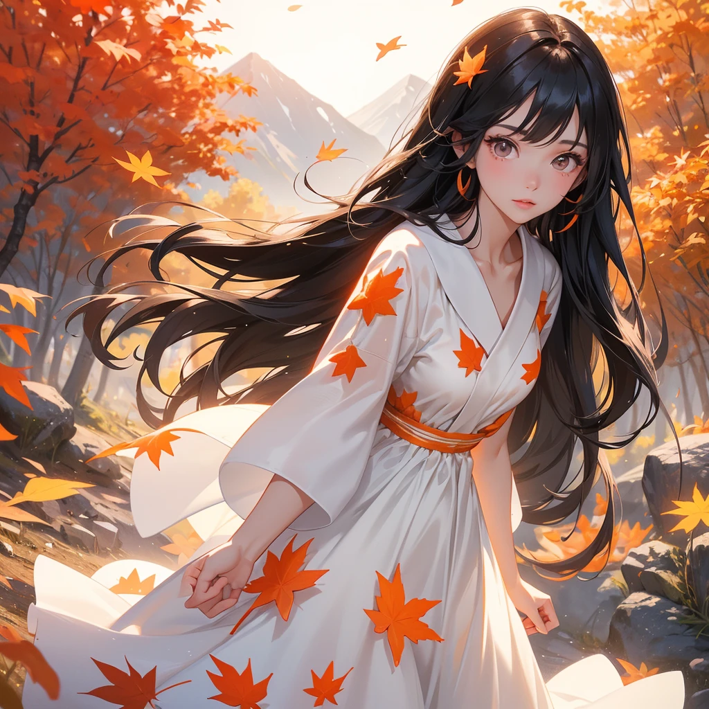 A beautiful girl with long black hair, wear white dress, Walking in a mountain that turns orange-red in spring, with the sun shining on her face, close up.

The backdrop is a mountain that turns orange-red in spring, and maple leaves fall from the trees.