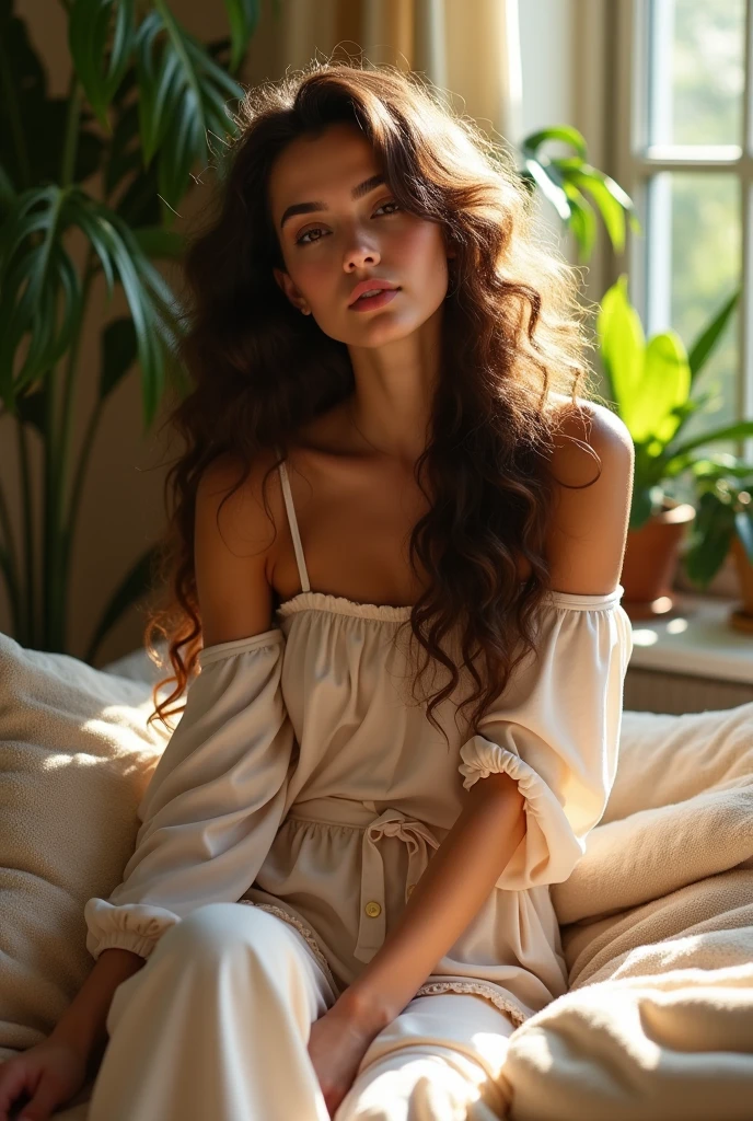 (photorealism:1.2), beautiful woman, sitting on bed, wearing loose off-shoulder top, pajama pants, long curly hair, indoors, soft lighting, plants in background, window with sunlight, cozy room, relaxed pose, realistic, intricate details, warm colors, by Greg Rutkowski, by Alphonse Mucha