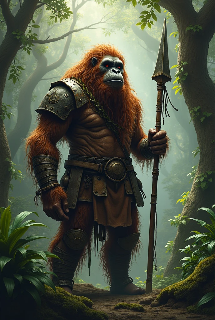 mythical creature,
Chimera of human and orangutan Long hair, thick beard Wears leather armor and carries a primitive metal spear