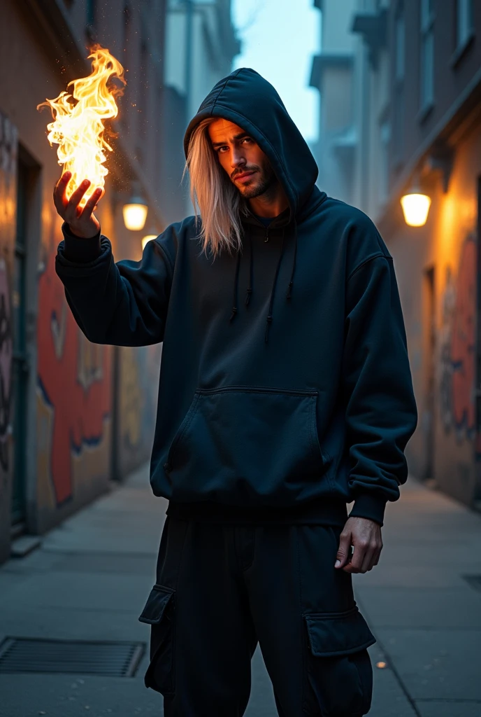 A misterious superhero. He wear black clothes: baggy pants, hoodie with large hood on his head and gloves without fingers. He has white long hair and he's very handsome. The hood cover his face in half but I can see smirk on his face. He has indygo colored eyes. In his hand he's playing with fire between his fingers.