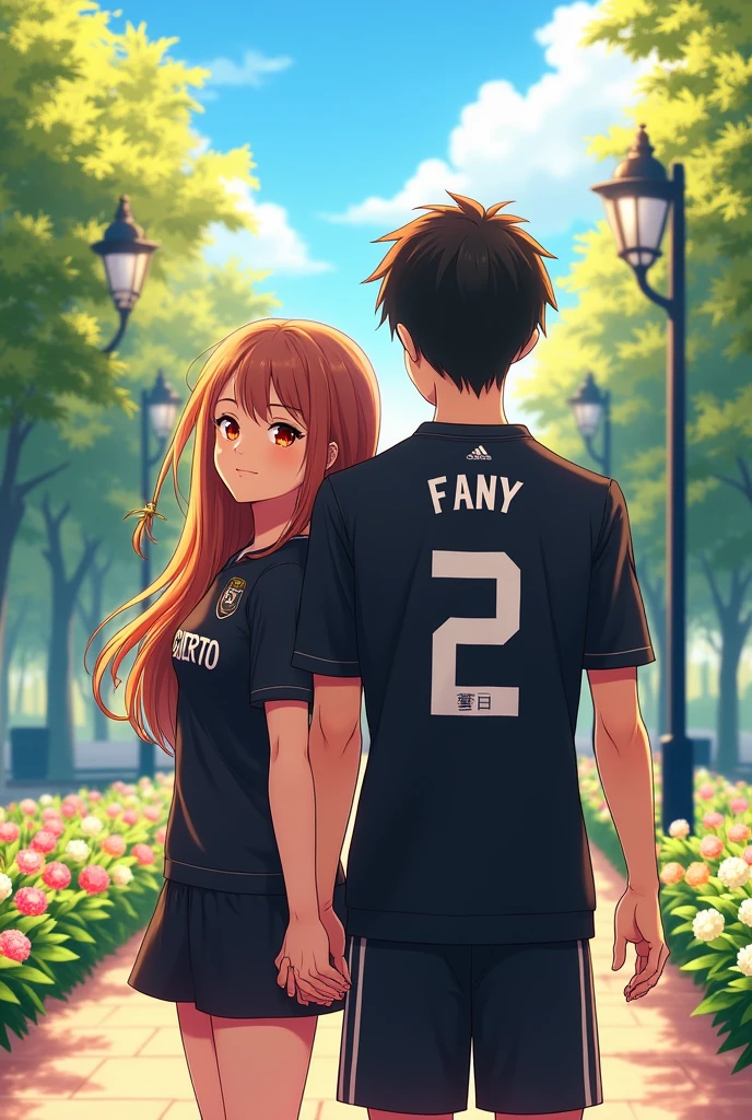 High quality photography, both wearing Real Madrid shirts, On the boy's back is the name Fany with the number 11 below the white shirt, and on the girl is the name Gilberto with the number 11 below the black shirt, the couple with Nike tennis shoes, anime drawings giving each other a kiss on the mouth