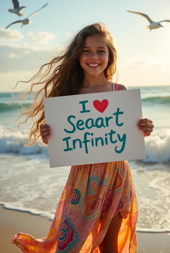 Beautiful girl with wavy long hair, bohemian dress, holding a white board with text "I Love Seaart Infinity" and showing it to the viewer