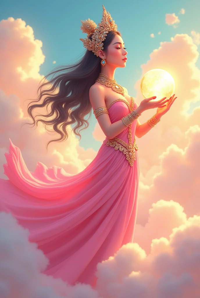 Mekhala, a woman in a pink Thai dress with a headdress, floats in the sky holding a glowing crystal ball. Her full body is seen facing sideways in a cartoon shape.
