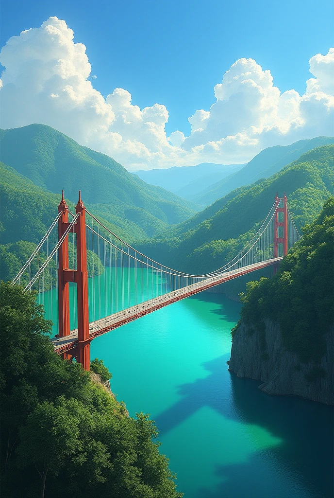 Emerald Green Lake、Long suspension bridge、Realistic and fantastical landscape painting、Angle from above、湖のcut合8cut