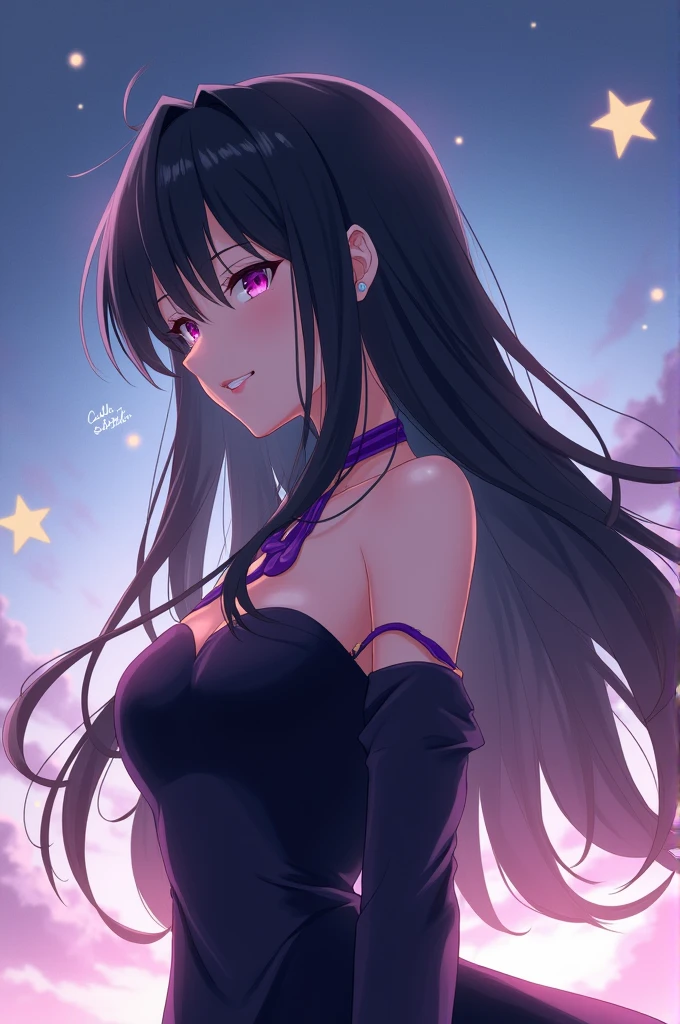 Long black hair with purple inner choker, wearing a black dress with bare shoulders, piercings under her mouth and in both ears, anime character with green eyes, anime style