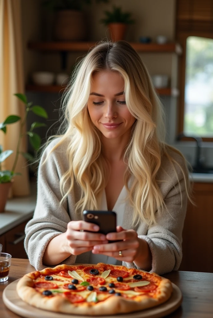 The Blonde woman snatched her Phone and checked the Phone to search in the App and Dial Pizzeria and order One Then hangs up on the phone and prepares to wait becca chang mujer 38+40