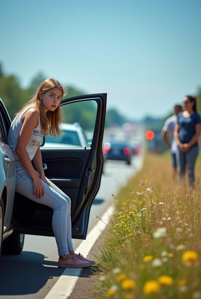 A girl is urinating (urgently) at side of the freeway with her pants and panties palled all way down) ( sitting on car with the open car door to hide herself. (She made her parents pull over the car in from of traffic for pit stop) couldn’t hold it any longer