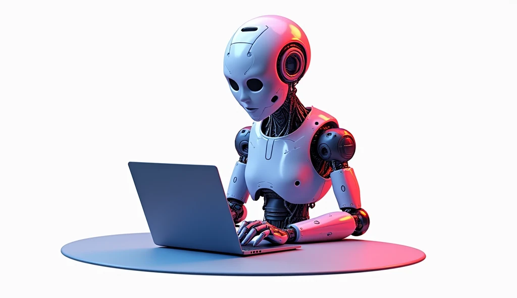 An artificial intelligence,Using a notebook,Design game characters,White background,Red and blue color scheme