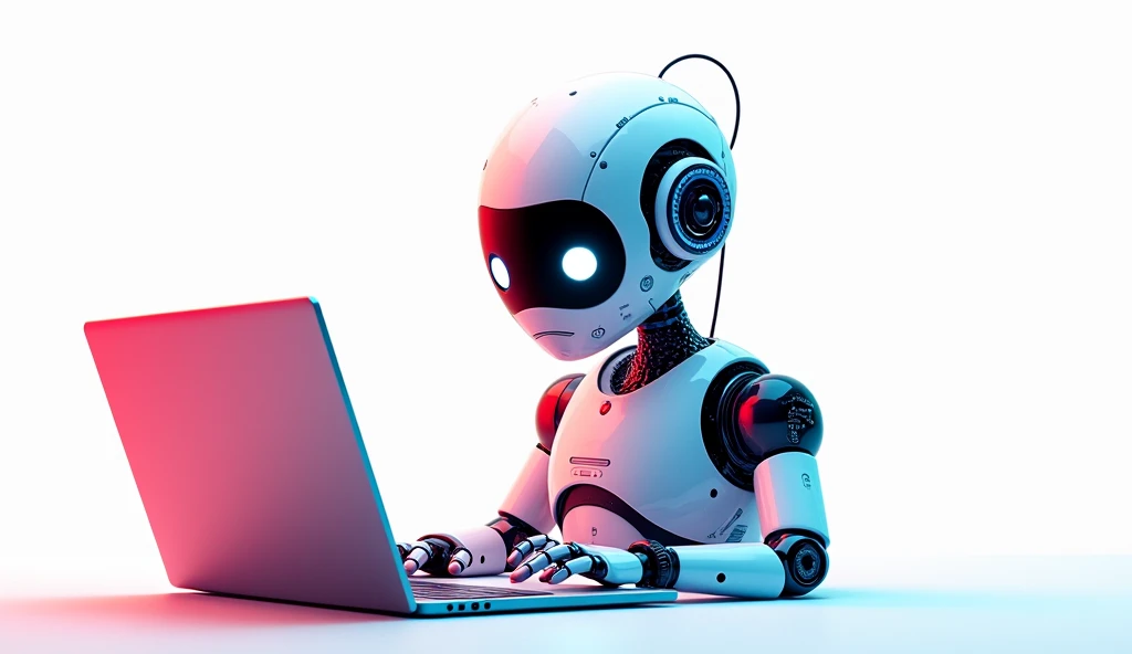 An artificial intelligence，Using a notebook，Design game characters，White background，Red and blue color scheme