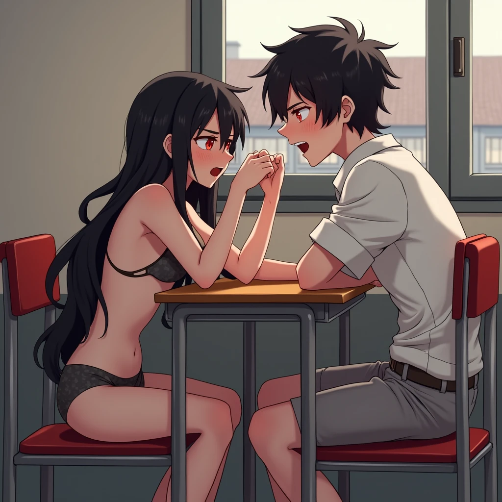 Best Quality, 1girl, 1guy, the girl has, Red Eyes, Black Hair, Long Hair, Blush, is under a desk at scool doring class, Open Mouth, Large breasts, large but, and the guy has, skinnee body, Red Eyes, Black Hair, pants and underwer is down, the girl is under the guy desk, the guy big dick is in the girl mouth￼