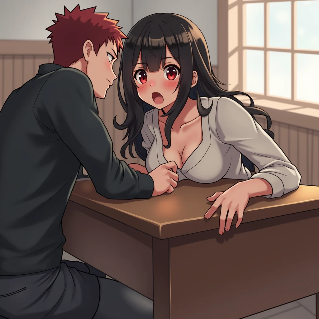 Best Quality, 1girl, 1guy, the girl has, Red Eyes, Black Hair, Long Hair, Blush, is under a desk at scool doring class, Open Mouth, Large breasts, large but, and the guy has, skinnee body, Red Eyes, Black Hair, pants and underwer is down, the girl is under the guy desk, the guy big dick is in the girl mouth