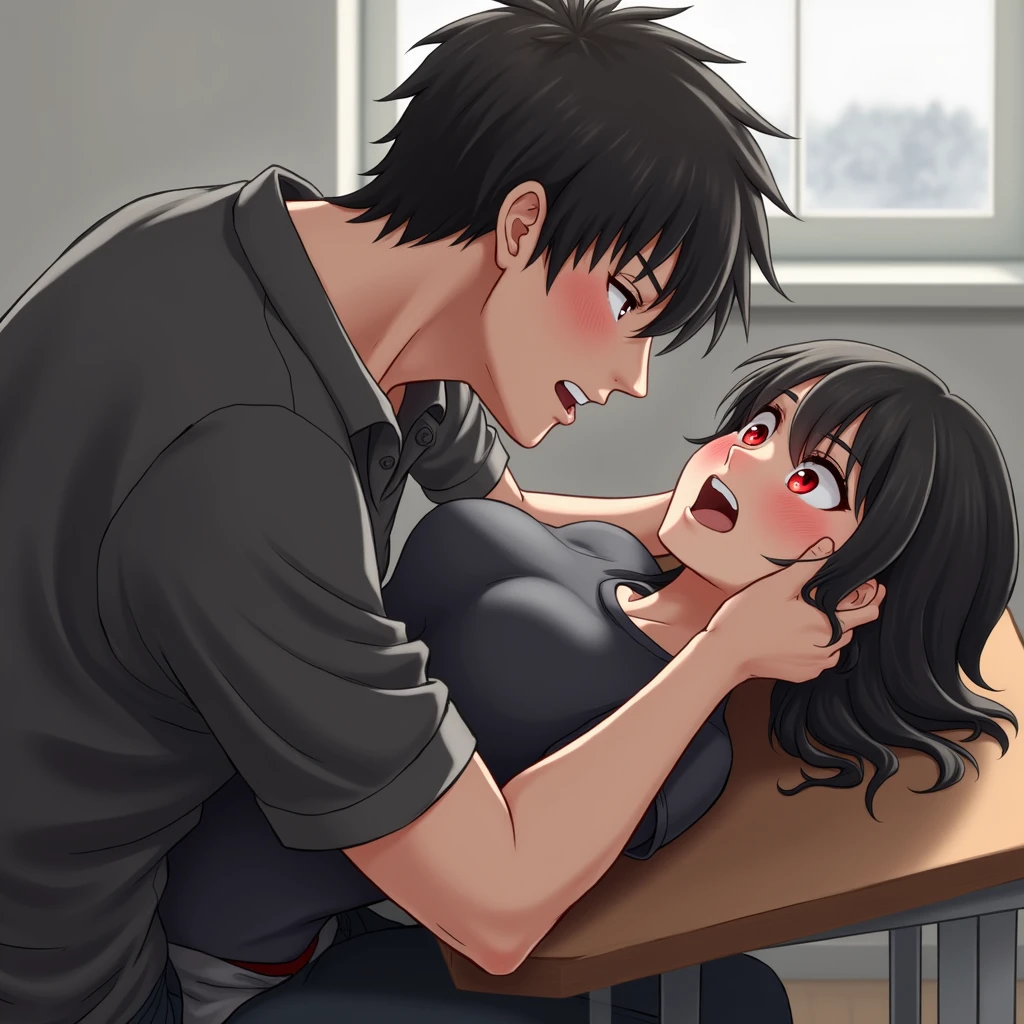 ((2woman attacked by another man.Lie down and push your butt up)). ((22 years old,japanese woman, long black ponytail hair、))、flat chest、slender body shape、thin waist、small ass、thin legs、Wearing a tank top、 slum、At an abandoned school that is about to collapse、Inside a dirty classroom with trash scattered around、open the thighs、A man's penis is inserted into her pussy from behind、 Another man pulls my tank top and my boobs come out、 I can see the nipples、desperate look、cry out