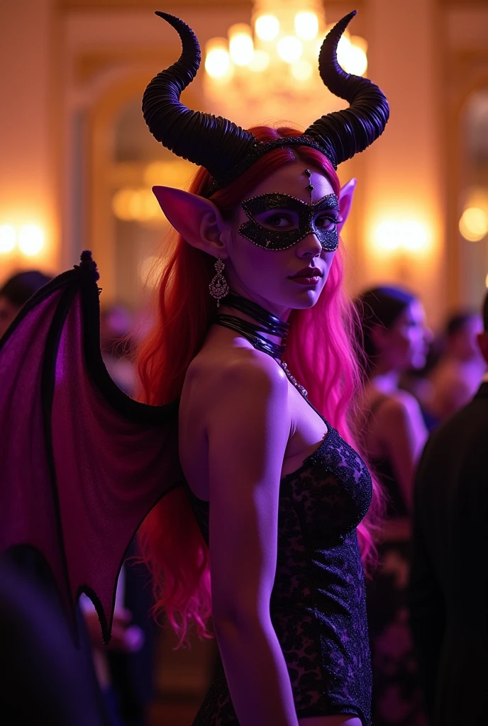 ((High quality)) ((vibrant colors)) 1guy, 20 years old, In a masquerade ball a femboy, male feminine incubus stands, purple skin tone, black sclera, long heterochromatic hair, red and purple hair, long pointy ears, curved black and red horns, purple devil wings, black scanty succubus attire, anime, seductive, anime, sitting