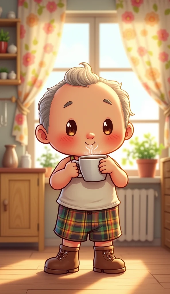 A chibi grandfather, wearing a singlet, shorts, boots, is holding a cup of coffee