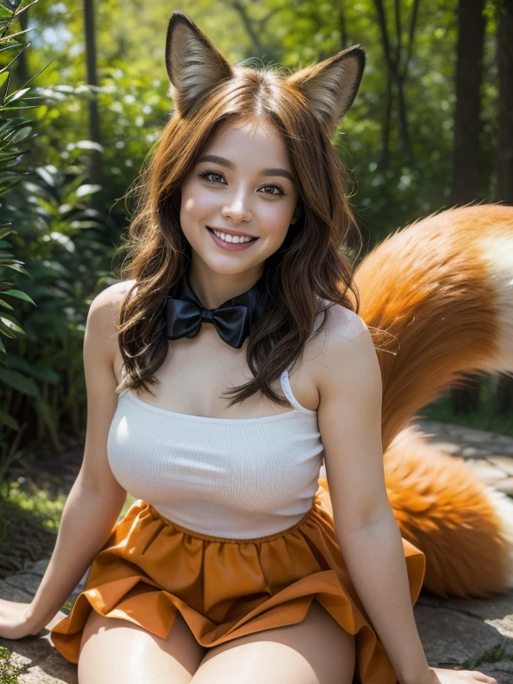 ((Highest quality, 8k)), ((masterpiece)), (Highest Resolution), Perfect Face, Fox Woman, Female college student, Beautiful woman, Outdoor, Only one tail, she has thick thighs, Her large tail, She has an orange fox tail, She wags her tail, Smiling with teeth showing, Fur collar, she is wearing a dress, Plump Breasts, Beautiful Hips , A fox tail sticks out from the skirt.
