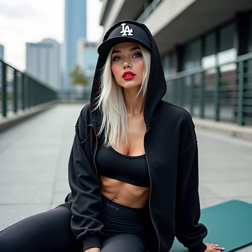 The image portrays a stylish young woman in an athletic yet fashionable outfit, sitting casually outdoors. She wears a black hoodie over a matching sports bra and high-waisted leggings, accessorized with a LA baseball cap. Her platinum blonde hair flows out from under the hood, framing her face which is adorned with bold makeup, including bright red lipstick. Her pose and expression suggest a blend of confidence and allure. The setting appears to be an urban environment, possibly a gym or training area, indicated by the modern architecture in the background and the mat she sits on. This picture could be used to convey themes of urban style, fitness, or the modern, active lifestyle