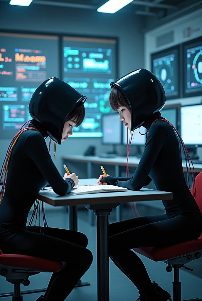 2 asian girls in black bodysuit and white tights,short hair wearing glasses studying,Those two girls study a lot and are doing math., and are wearing a tight black hood with a jumpsuit that only reveals the face with many computer wires connected to the hood to help the two girls study better., and 2 she is in Training