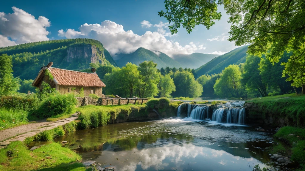 Lithuanian ancient village, mystical nature, Rivers, Mountains and forests, waterfall, cloud, Photorealistic photos, It's not 8k. Aerial view.