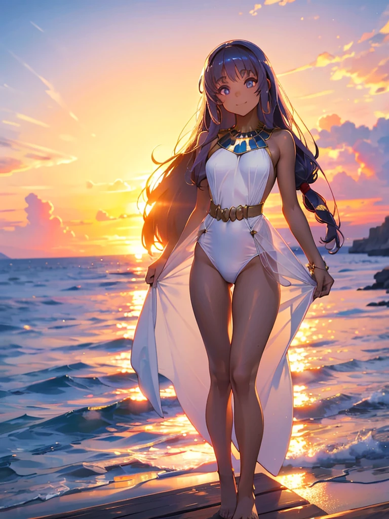 Nice views, Sunset view, With the sunset, At sunset, During Golden Hour,Wearing a white swimsuit