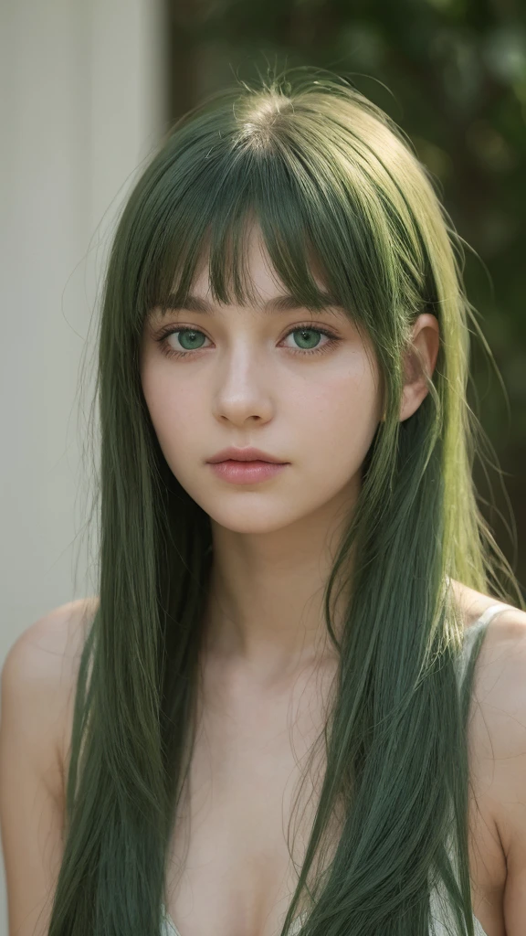 a girl. European. Extremely detailed face. Oval face. Delicate facial features. Half-closed eyes. Long straight hair. Messy hair. Bangs. Green hair. Green eyes. Lustful expression
