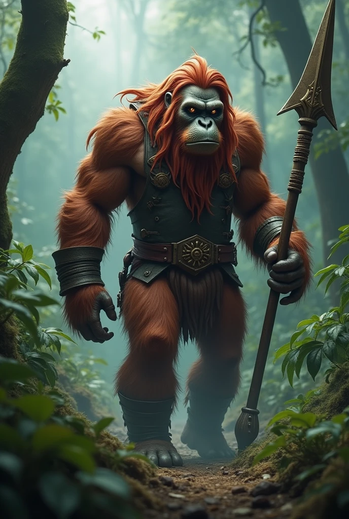 mythical creature, 
Chimera of human and orangutan Long hair, thick braided beard Wears leather armor and carries a primitive metal spear